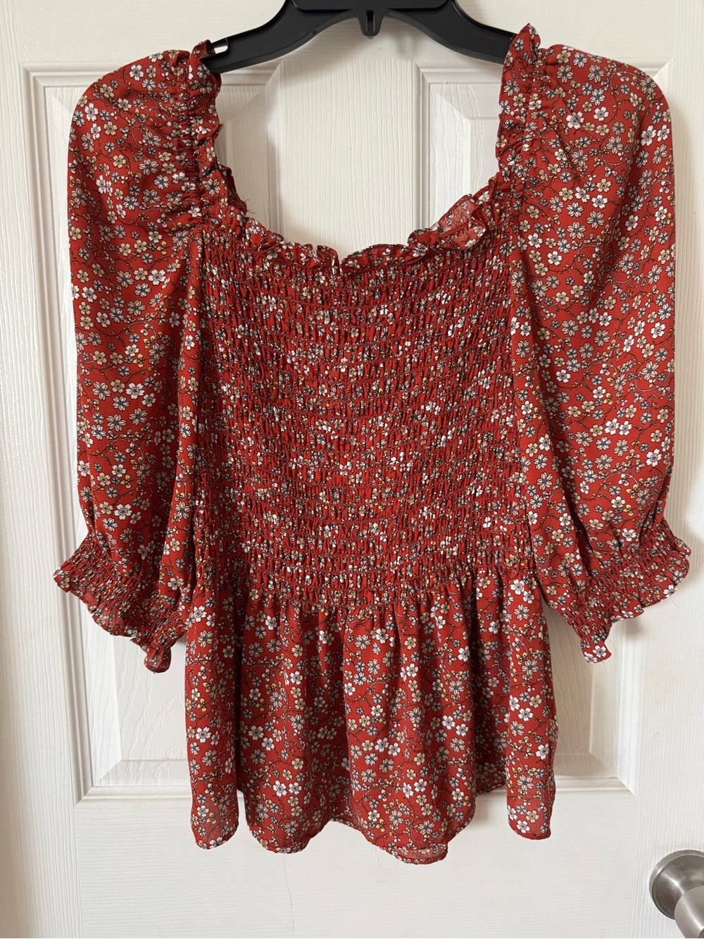 Max Studio Rust Red Floral Smocked Peasant Blouse